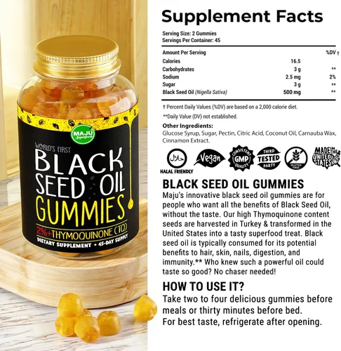 Vista 4 de Maju Superfoods Gomitas de aceite de semilla negra, aceite de orégano y cápsulas de reposición mineral
