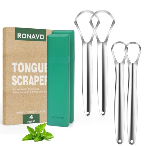 Vista 13 de RONAVO Raspador de lengua para adultos (4 unidades), raspador de lengua de metal resistente al óxido (fundas de viaje incluidas) reduce el mal