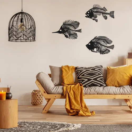 Vista 4 de Zhengmy - 3 piezas de metal para decoración de pared de pesca, diseño de hueso de pescado rústico, estilo náutico, para interiores, exteriores, Negro