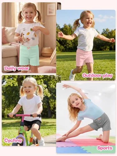 Vista 6 de Ruisita Paquete de 6 pantalones cortos con volantes para niños pequeños y niñas, pantalones cortos de bicicleta con ruedas de ruedas, pantalones