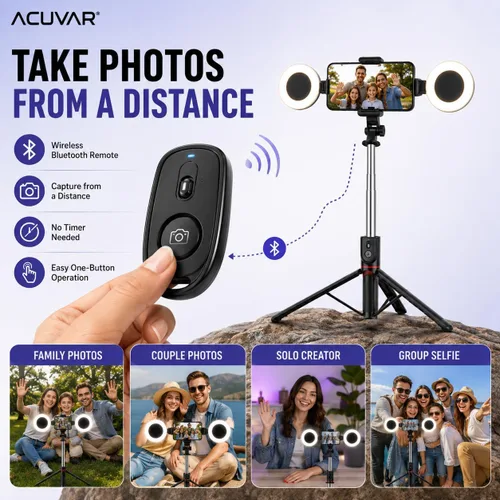 Vista 5 de Acuvar Trípode selfie stick de 71 pulgadas con luces de relleno LED dobles y control remoto Bluetooth para iPhone y Android, soporte de trípode