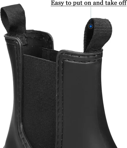 Vista 7 de DKSUKO Botas de lluvia cortas para mujer, botas de jardín impermeables de goma, botas elásticas sin cordones, botas Chelsea a la moda, zapatos