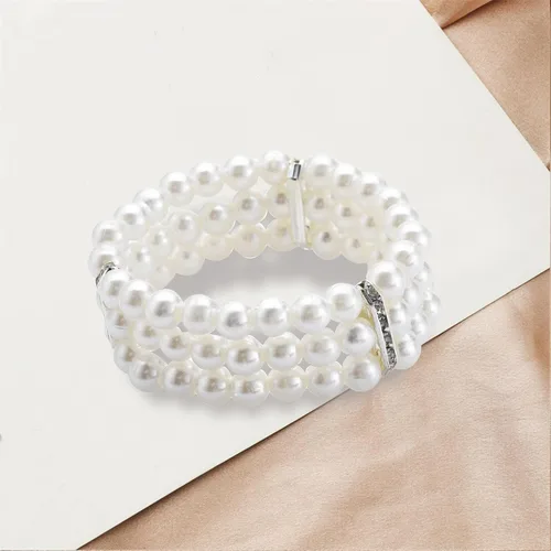 Vista 7 de Pulsera de perlas de imitación de 3 filas para mujeres y niñas, vintage, multicapa, con diamantes de imitación, pulsera elástica de perlas