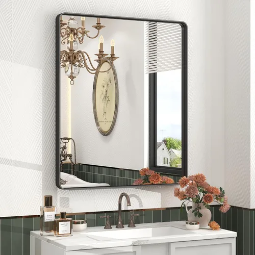 Vista 43 de Paquete de 2 espejos de baño con marco de metal negro de 22 x 30 pulgadas, espejo rectangular redondeado negro mate, antioxidante, se cuelga