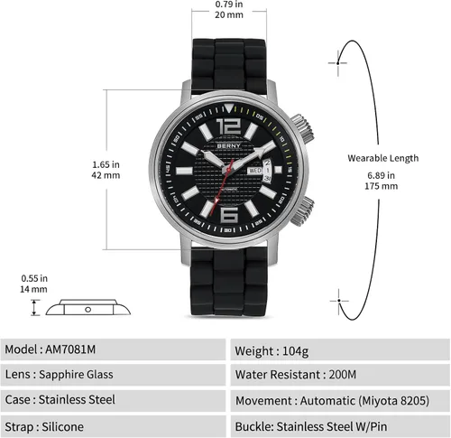 Vista 6 de BERNY Reloj de buceo mecánico automático para hombre, cuerda automática, correa de silicona, impermeable, 20ATM, cristal de zafiro, resistente a