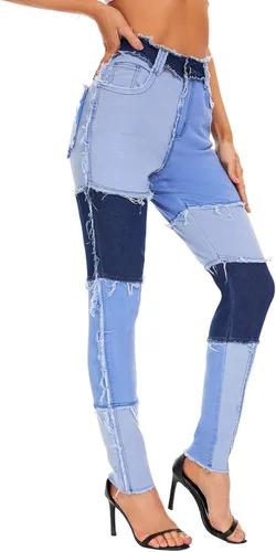 Vista 4 de Dxyufazhe Jeans elásticos de cintura alta para mujer, pantalones de mezclilla deshilachados a la moda
