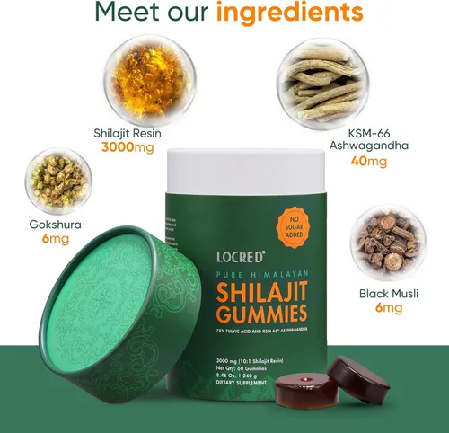 Vista 4 de Gomitas shilajit del Himalaya con ashwagandha, sin azúcar añadida, orgánicas, 75% más de ácido fúlvico y más de 85 minerales traza, para hombres