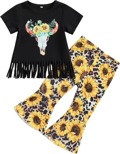 Vista 99 de fhutpw Conjunto de camiseta de manga corta con estampado de vaca y pantalones acampanados de dibujos animados para niñas