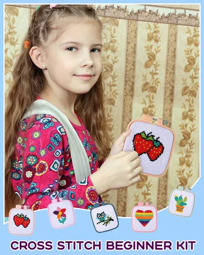 Vista 5 de Pllieay 5 kits de punto de cruz para principiantes para niños de 7 a 13 años, incluye 5 proyectos estampados y 5 aros de bordado cuadrados, 11