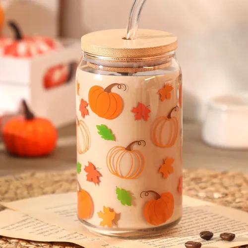 Vista 8 de Tazas de vidrio de calabaza de Acción de Gracias, 16 onzas, taza de café helado de otoño, taza de vidrio con forma de lata con tapa y pajita, café