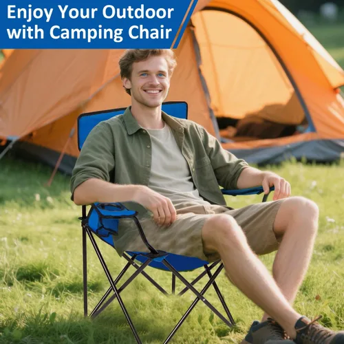 Vista 6 de Silla de camping plegable con soporte para tazas, capacidad de 225 libras, silla plegable portátil con grandes pies anti-hundimiento, tela