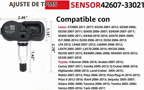 Vista 2 de 42607-33021 Sensor del sistema de monitoreo de presión de neumáticos (TPMS) de 315 MHz compatible con Toyota 4Runner Corolla Highlander Land Cruiser