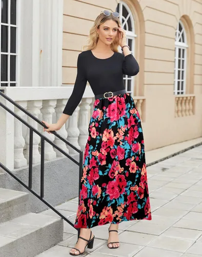 Vista 3 de Supnier Vestido largo de manga 34 para mujer, casual, estampado floral, con bolsillos