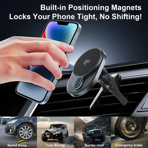 Vista 3 de HURMAI Cargador de coche MagSafe Qi2 de 15 W, para tablero y ventilación de coche, soporte de teléfono inalámbrico para iPhone