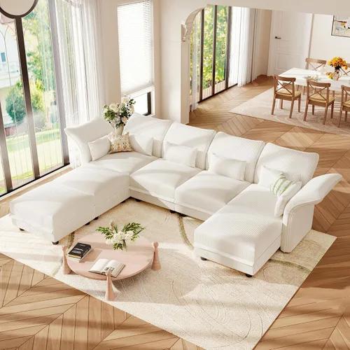 Vista 30 de LLappuil - Sofá seccional en forma de L con almacenamiento, sofás seccionales modulares beige de pana para sala de estar con brazos y respaldos Pana
