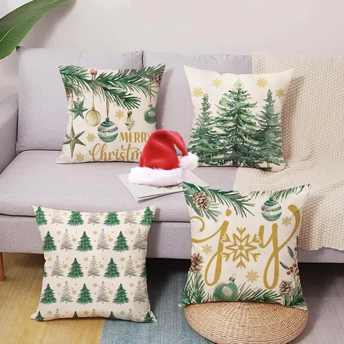 Vista 2 de Juego de 4 fundas de almohada decorativas de árbol de pino de Navidad de 18 x 18 pulgadas, bolas de alegría de Navidad, copos de nieve dorados