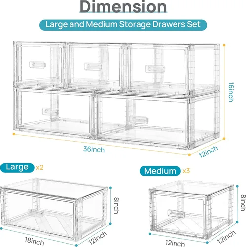 Vista 2 de Vtopmart Juego de 5 cajones apilables de almacenamiento grandes y medianos