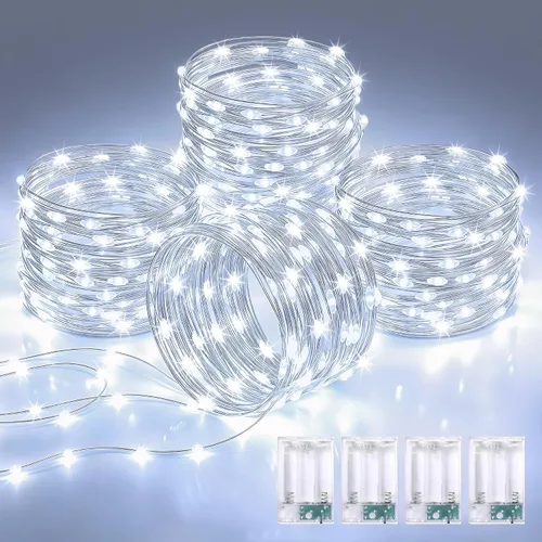 Vista 26 de JMEXSUSS 4 unidades de luces de hadas LED de 50 luces en púrpura y verde, luces de cadena de hadas operadas con batería, luces de 16 pies