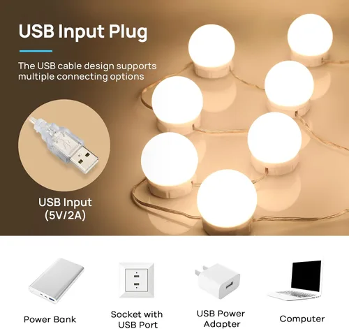 Vista 5 de Luces LED de Tocador para Espejo, Consciot Luces Estilo Hollywood con 14 Bombillas Regulables, Color y Brillo Ajustables, Cable USB, Luces de Espejo