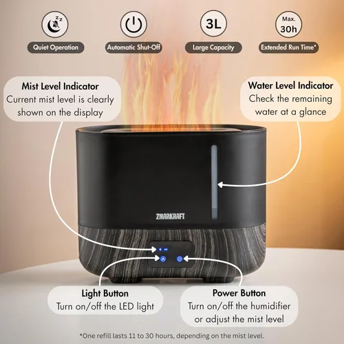 Vista 4 de ZMARKRAFT® Humidificador grande de 3 litros con efecto especial de luz de llama, humidificador ultrasónico silencioso, llenado superior y nivel