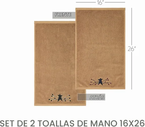 Vista 4 de VHC Brands Juego de 2 toallas de mano de algodón bordadas para baño, cocina, pip Vinestar Collection Rectángulo 16x26 Primitive Star Natural