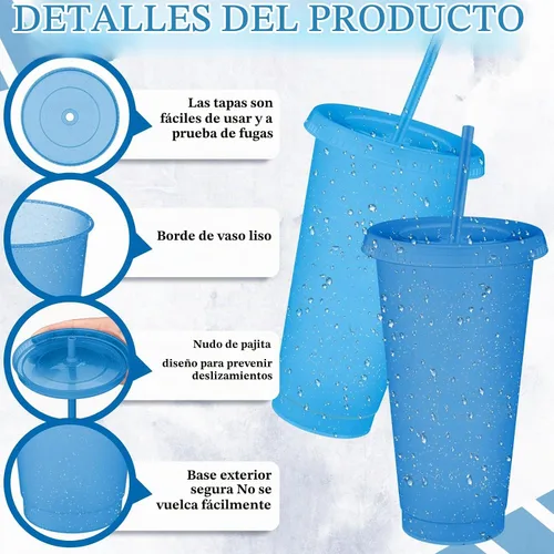 Vista 3 de Skylety - 12 vasos de plástico con purpurina azul con tapas y pajillas, 24