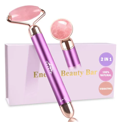 Vista 6 de Rodillo masajeador facial de jade vibratorio 2 en 1, rodillo facial eléctrico de cuarzo rosa para presionar el aceite de crema para la piel