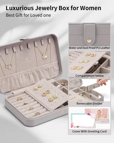 Vista 2 de Vlando Joyero de viaje para mujer, organizador portátil de piel sintética para viajes, almacenamiento para collares, aretes, anillos