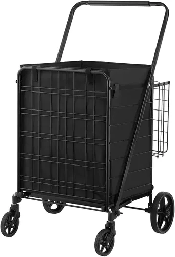 Vista 9 de VEVOR Carrito de compras plegable con forro impermeable extraíble, carrito de comestibles jumbo de gran capacidad de 330 libras con canasta doble
