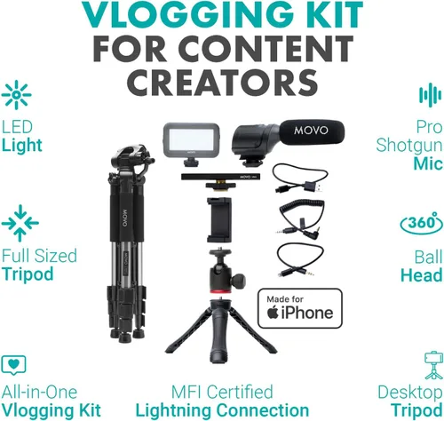 Vista 2 de Movo iVlogger - Kit de vlogging para iPhone con trípode de tamaño completo – Kit de inicio de YouTube compatible con Lightning para creadores