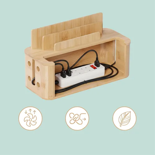 Vista 5 de Relaxdays Caja de cables para 2 regletas de alimentación de bambú, HBT: 6.3 x 11.8 x 5.1 in, soporte para tablet y teléfono celular, color natural