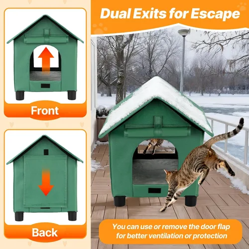 Vista 2 de FHTONGE Casa elevada para gatos con calefacción para gatos al aire libre en invierno, resistente a la intemperie, refugio para gatos con 2