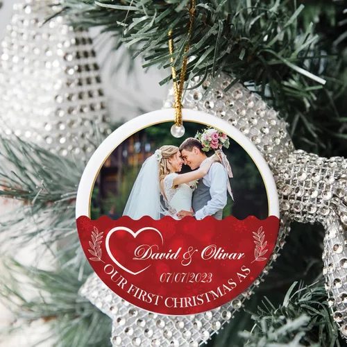Vista 2 de Adorno personalizado de aniversario de boda, foto personalizada con nombre y fecha, adorno de aniversario de boda Navidad 2023, regalos de Navidad