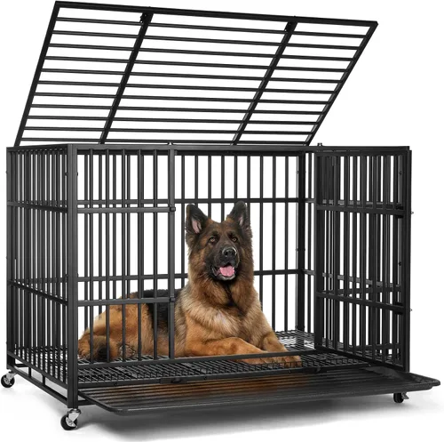 Vista 11 de VOWNER Jaula para perros indestructible de 38 pulgadas, resistente a prueba de escapes, con 4 ruedas bloqueables, jaula para perros de alta ansiedad