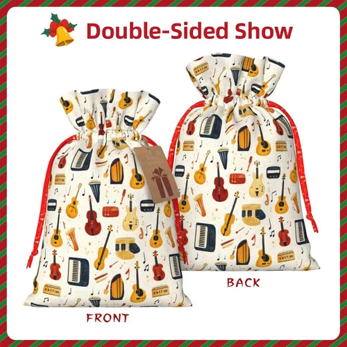 Vista 7 de Bolsas de regalo con estampado de instrumentos musicales retro, bolsas de regalo de Navidad reutilizables con cordón y etiqueta de regalo