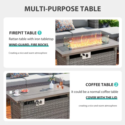 Vista 5 de Mesa para fogata de 44 pulgadas con protector contra el viento para exteriores, fogatas de gas propano de encendido automático, mesa rectangular