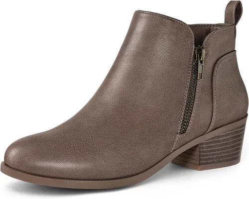 Vista 12 de Mysoft - Botines de tobillo para mujer con tacón bajo grueso y puntera redonda, estilo casual, cómodos, cortos con cremallera lateral PU Coñac