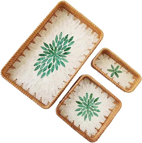 Vista 10 de i-lan Juego de 3 bandejas rectangulares de ratán y nácar azul de 15 pulgadas, bandejas tejidas de ratán natural, rectangulares bohemias, cestas