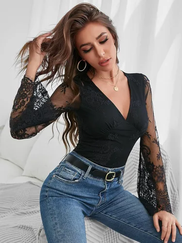 Vista 4 de SHENHE Elegante body de manga larga con cuello en V y encaje floral para mujer