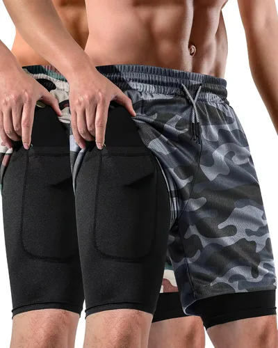 Vista 7 de 2 in 1 Mens Shorts Casual 2 Pack, Running Gym Shorts for Men 7 Inch, Workout Shorts Men with Pockets &Towel Loop