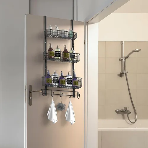 Vista 3 de YBING Organizador Sobre Puerta con Ganchos 3 Niveles Toallero Trasero Cestas de Metal Estantes de Almacenamiento Colgante para Dormitorio Baño Negro