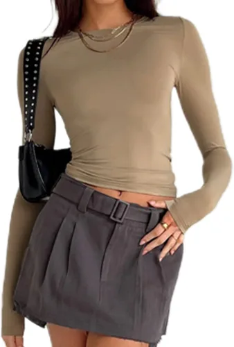 Vista 25 de Blusa corta básica casual para mujer, ajustada, manga larga, cuello redondo, color sólido, para otoño, camiseta ajustada Albaricoque