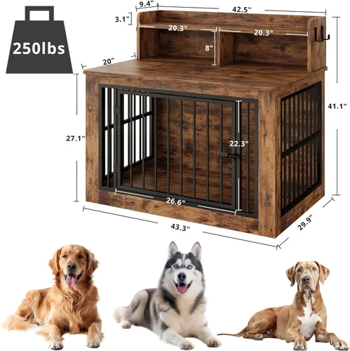 Vista 2 de IRONCK Mueble de jaula extragrande para perros, jaula de madera de 43.3 pulgadas con almacenamiento y 4 ganchos, jaula resistente para perros