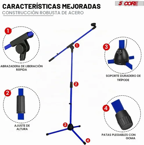 Vista 8 de 5 Core Soporte de micrófono para piso, trípode, brazo de brazo, altura ajustable, con clips de micrófono, adaptador de 3/8 a 5/8 pulgadas para Azul