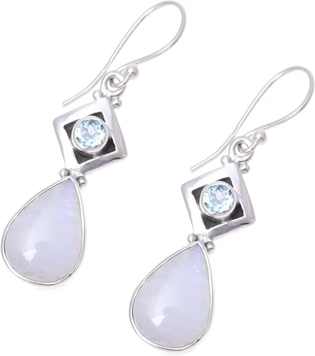 Vista 2 de NOVICA Aretes colgantes hechos a mano con piedra lunar y topacio azul, lágrima, plata de ley 925, piedra natal india 1.7 pulgadas de largo x 0.4