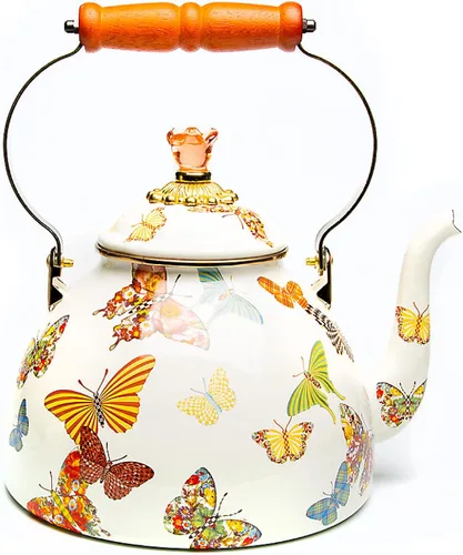 Vista 16 de MACKENZIE-CHILDS Tetera de Esmalte, Tetera Bonita para Estufa, 2 Cuartos, Rosa Silvestre Marrón Diseño aplicado a mano, hecho de acero esmaltado