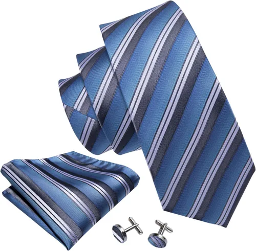 Vista 341 de Barry.Wang Juego de corbatas para hombre, corbata de seda a rayas, tejido a cuadros, gemelos formales, negocios, boda