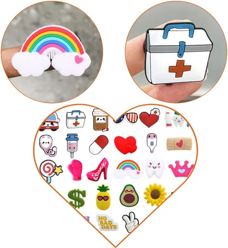 Vista 5 de Encantos de zapatos de enfermera, 30 piezas, lindo zapato médico, diferentes formas, accesorios de zapatos para sandaliaszapatos y pulserapulsera
