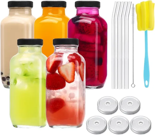 Vista 12 de CUCUMI 10 botellas de jugo de vidrio de 16 onzas con tapas, recipientes de jugo reutilizables, tarros de agua con cepillo, popotes de vidrio, tapas