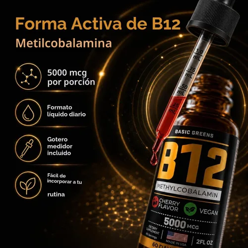 Vista 8 de B12 Liquid Drops Sublingual 5000 mcg Metilcobalamina, cereza vegana 2 Fl Oz